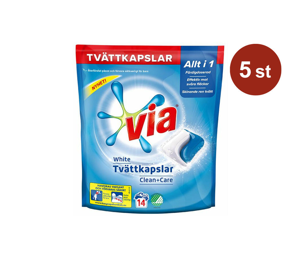 Tvättmedelkapslar Via Clean+Care Vit 14st