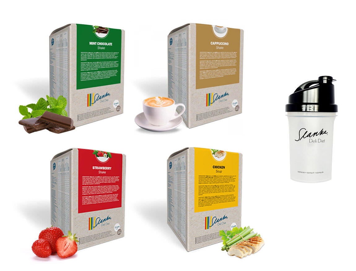 Startpaket Slanka Shake Mintchoklad, Cappuccino, Jordgubb, Kyckling 48 VLCD + 1 svart Shaker