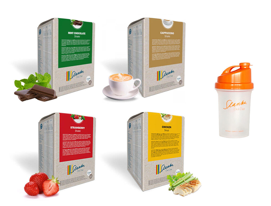 Startpaket Slanka Shake Mintchoklad, Cappuccino, Jordgubb, Kyckling 48 VLCD + 1 orange Shaker